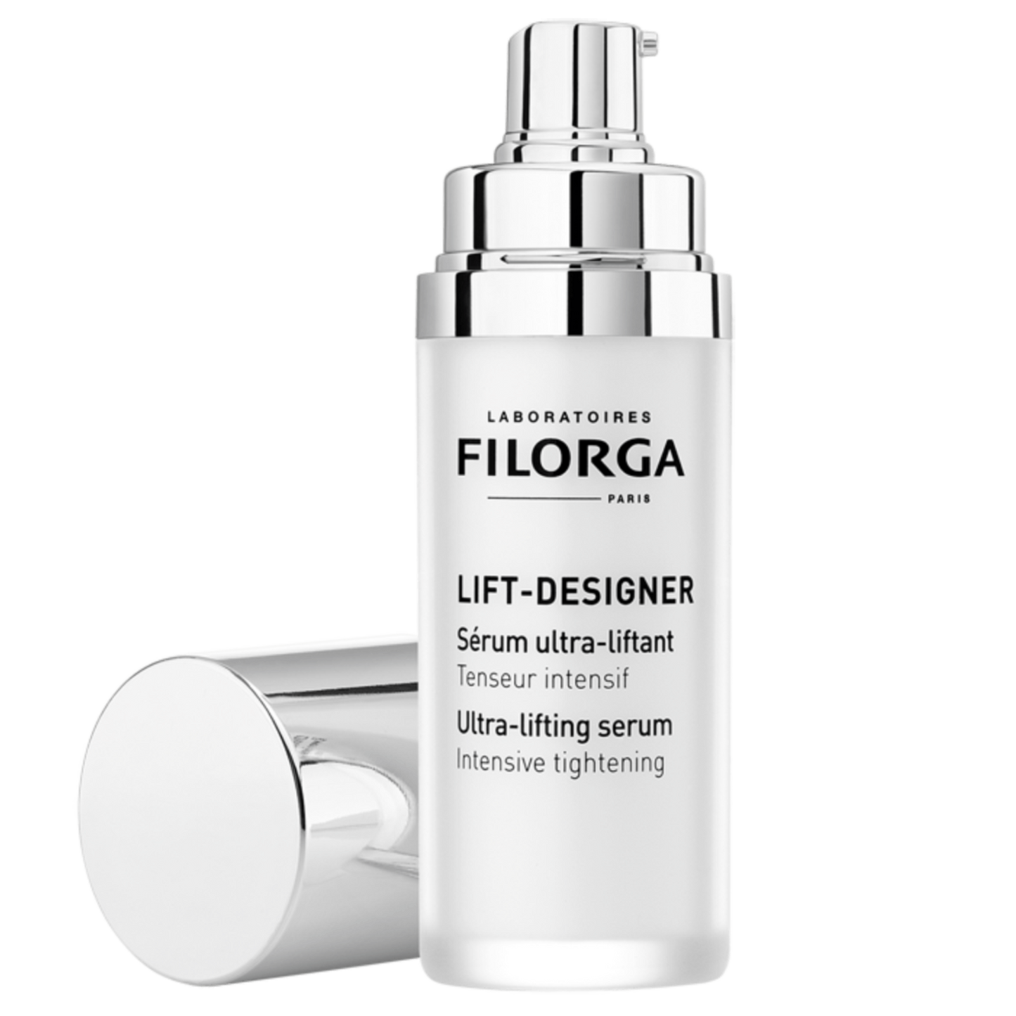 FILORGA LIFT-DESIGNER open pump bottle with lid next to it