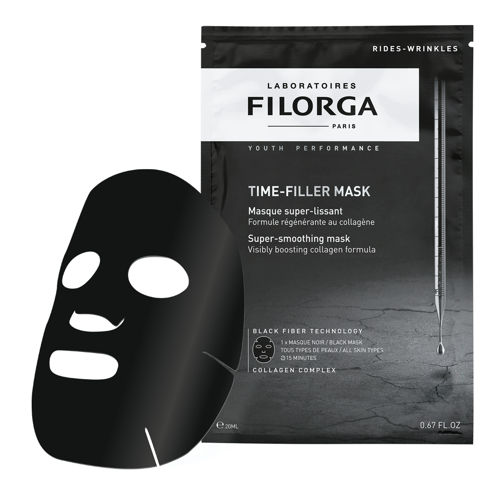 Black face mask outside of the TIME-FILLER MASK package