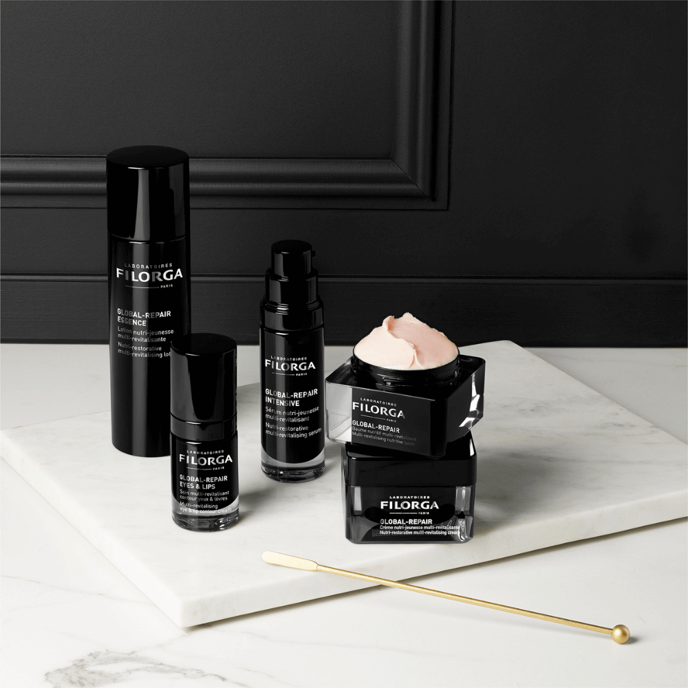 FILORGA's Global-Repair skincare collection enriched with ceramides sitting on a bathroom counter