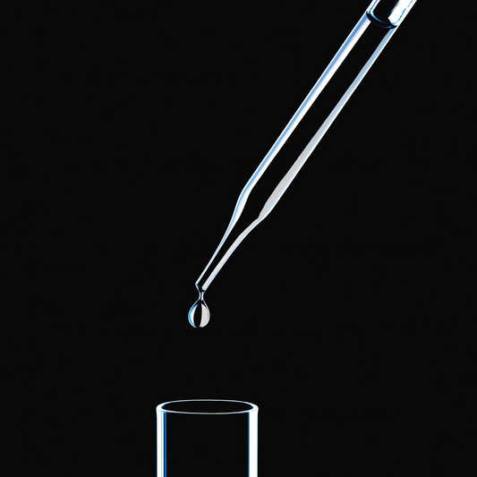 Pipette dropping active ingredient into glass beeker