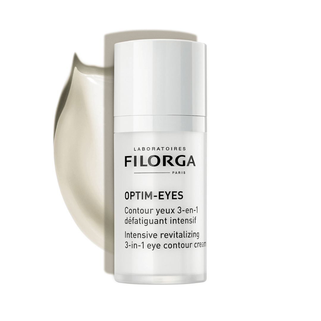 Closed bottle of FILORGA OPTIM-EYES with a smear of the cream behind it
