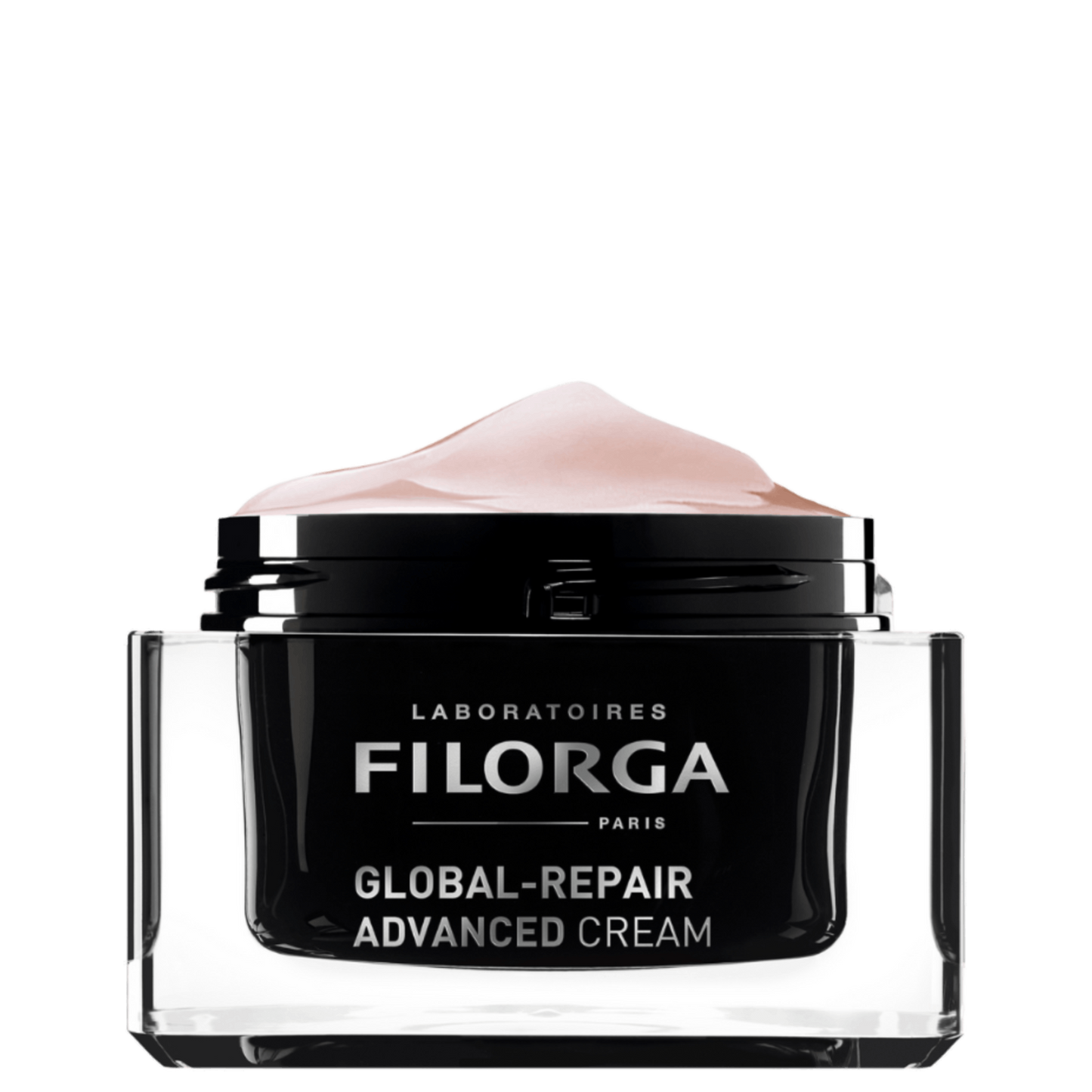 FILORGA GLOBAL-REPAIR ADVANCED CREAM open black glass jar with pink cream