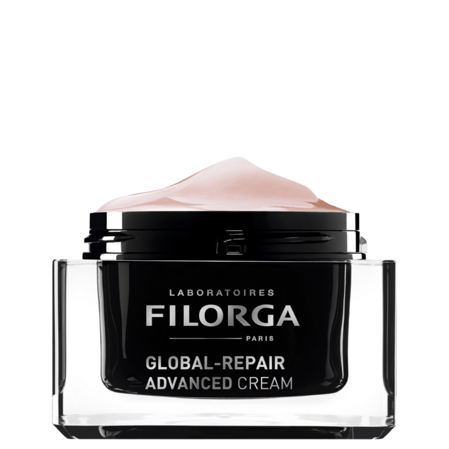 FILORGA GLOBAL-REPAIR ADVANCED CREAM open black glass jar with pink cream