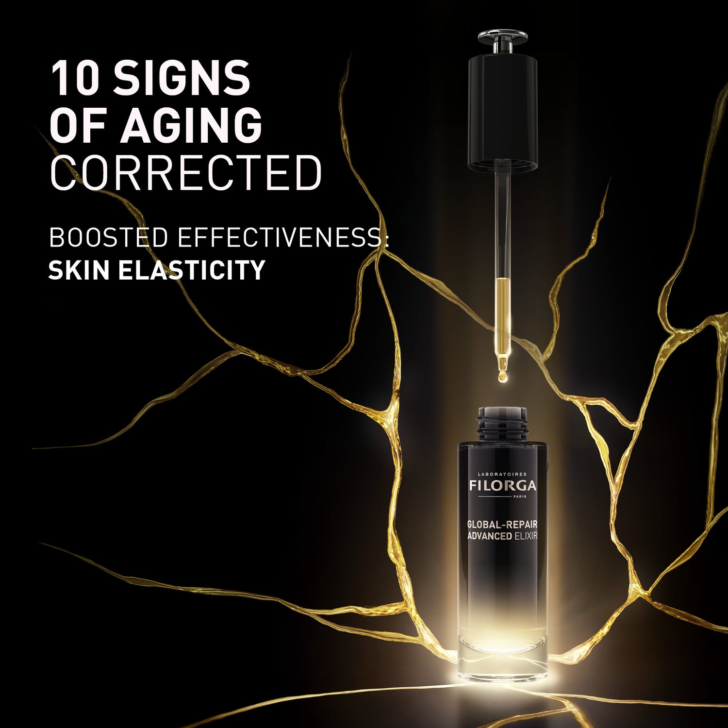 10 Signs of Aging Corrected, boosted effectiveness, skin elasticity with FILORGA GLOBAL-REPAIR ADVANCED ELIXIR open glass bottle with pipette