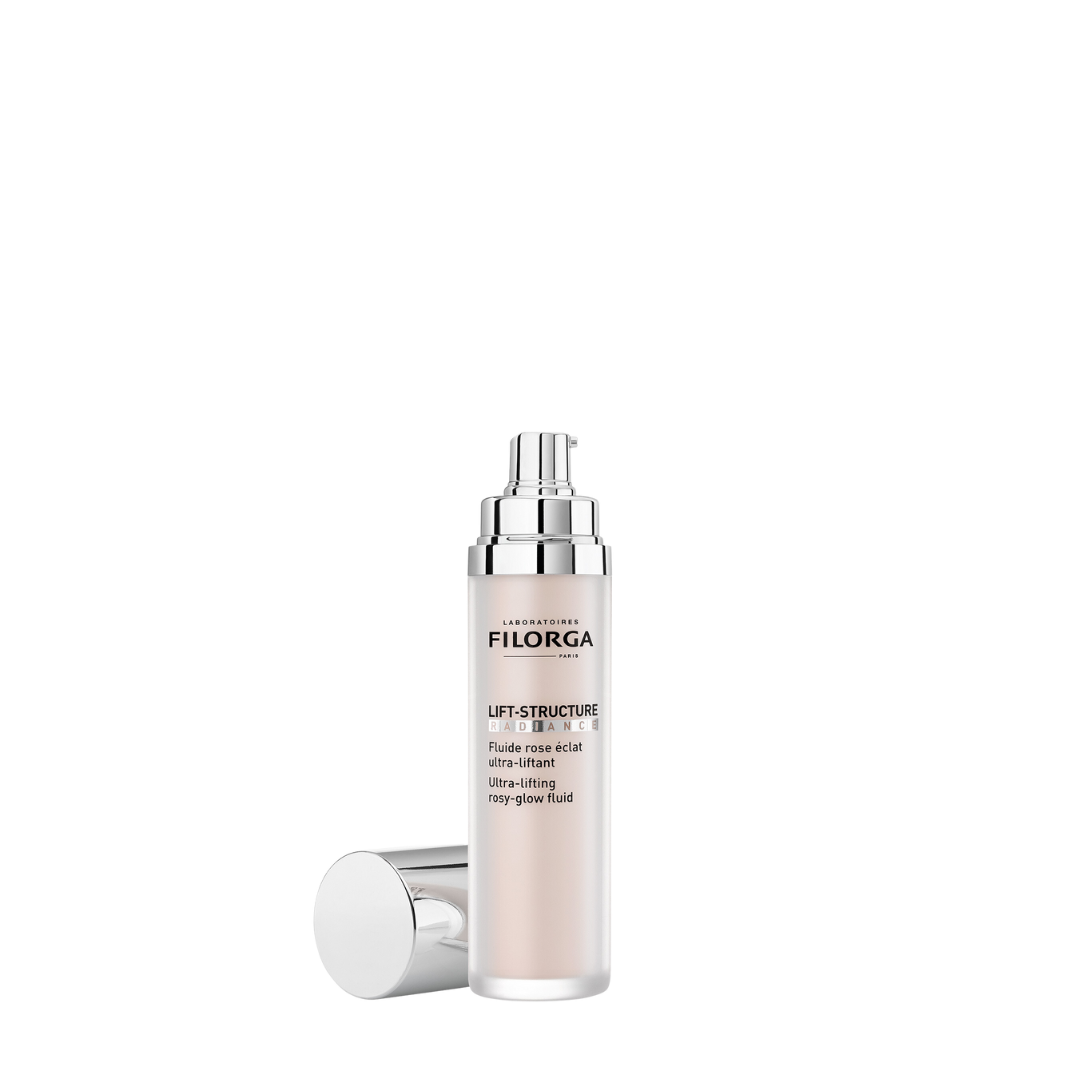 FILORGA LIFT-STRUCTURE RADIANCE open pink pump bottle with cap next to it