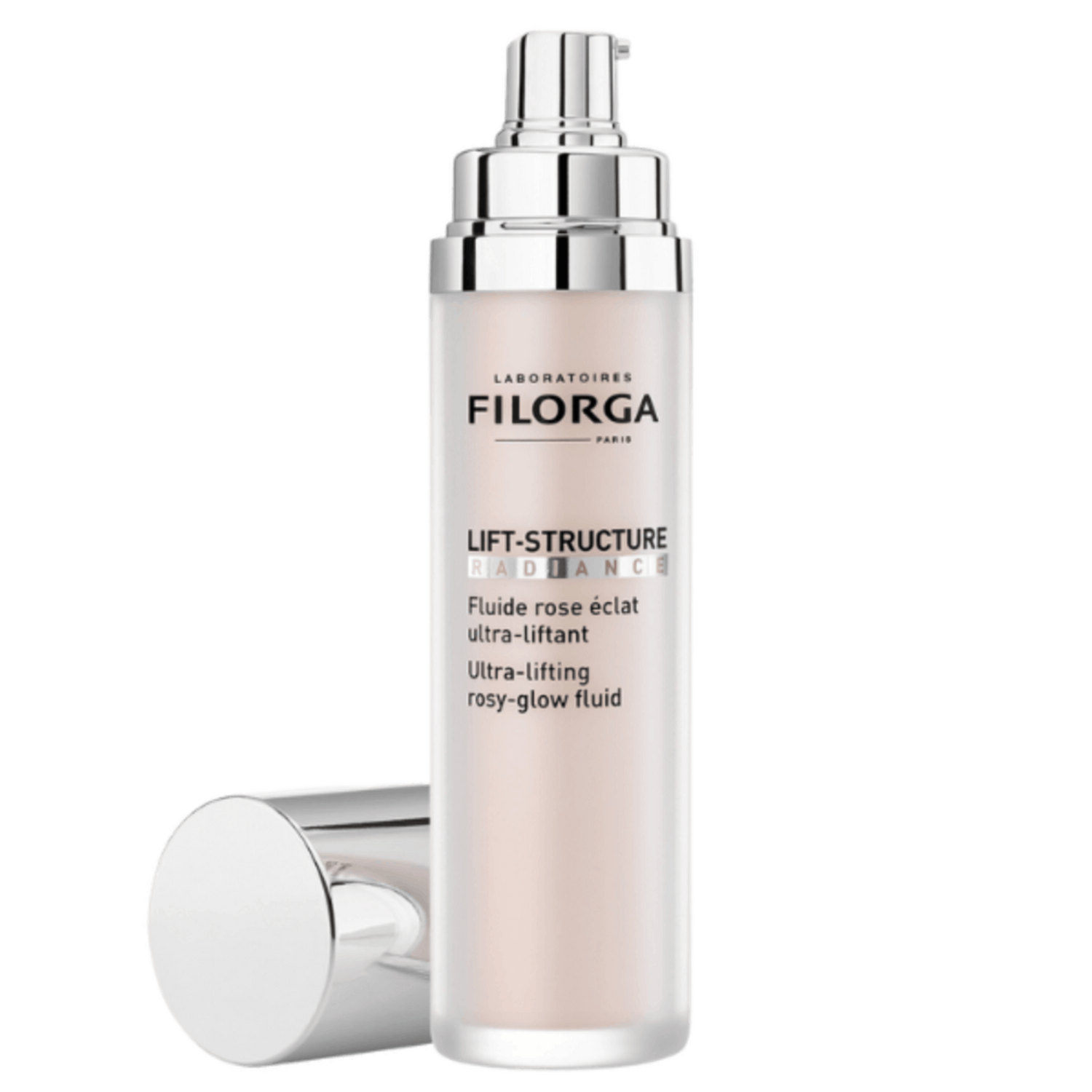 FILORGA LIFT-STRUCTURE RADIANCE open pink pump bottle with cap next to it