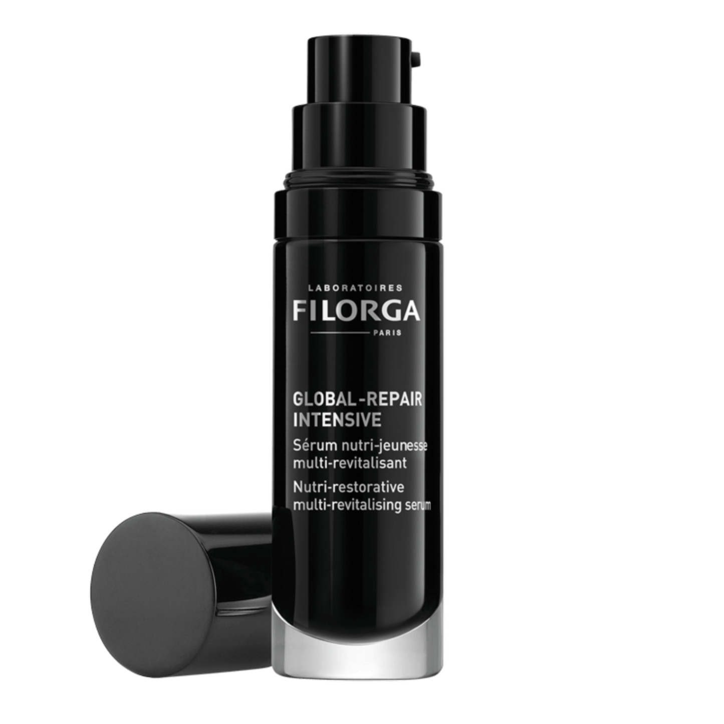 FILORGA GLOBAL-REPAIR INTENSIVE open black pump bottle with black cap on its side