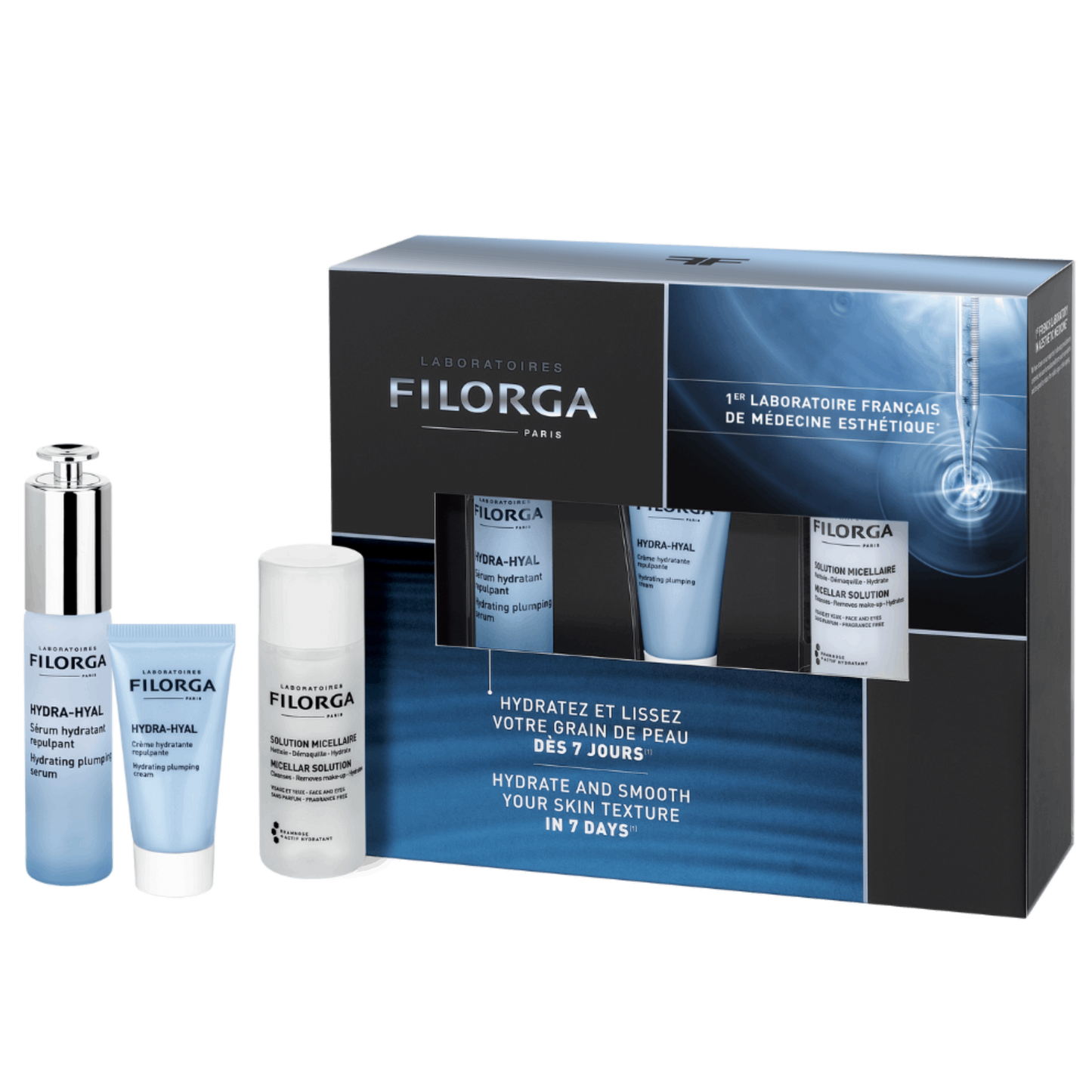 FILORGA HYDRA-HYAL ROUTINE SET package with products outside