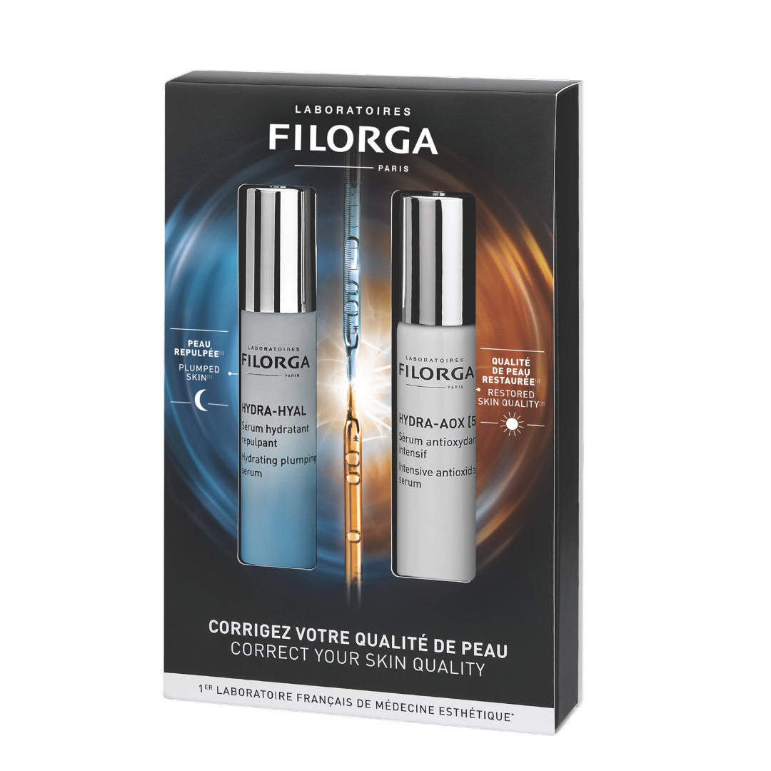 FILORGA HDYRA DAY/NIGHT DUO box showing HYDRA-HYAL SERUM AND HYDRA-AOX [5].