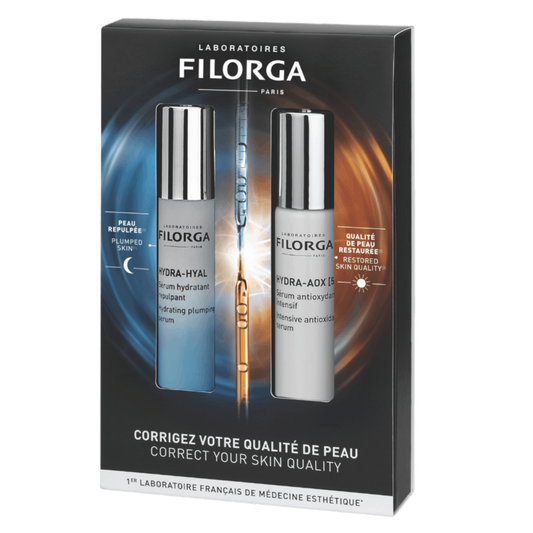 FILORGA HDYRA DAY/NIGHT DUO box showing HYDRA-HYAL SERUM AND HYDRA-AOX [5].