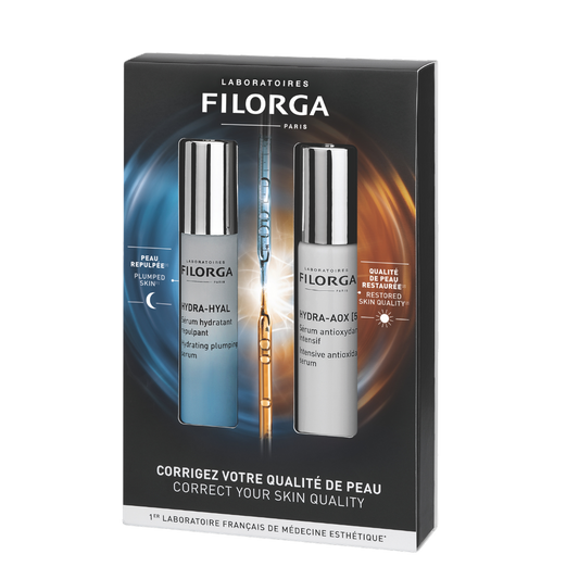 FILORGA HDYRA DAY/NIGHT DUO box showing HYDRA-HYAL SERUM AND HYDRA-AOX [5].