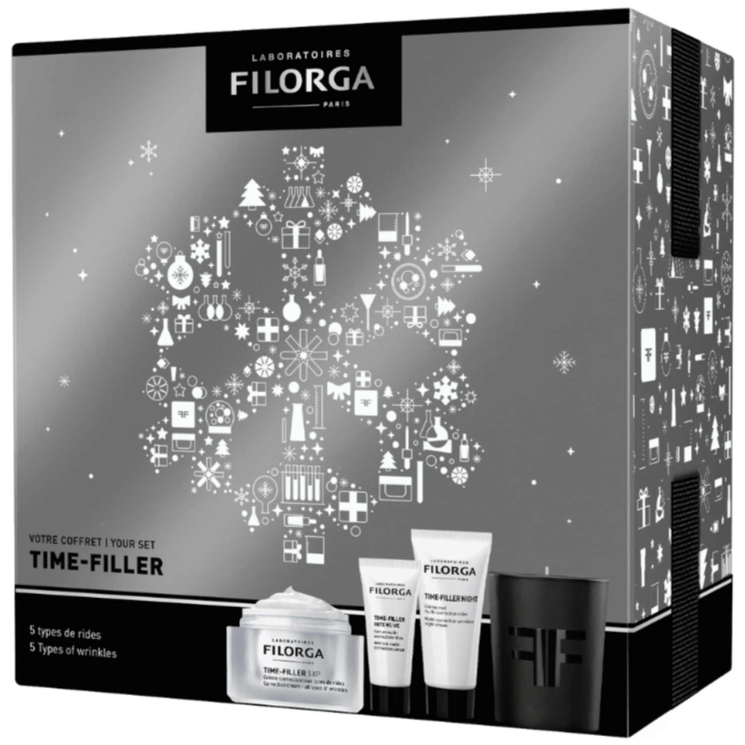 FILORGA TIME-FILLER 5XP GIFT SET gray. white. and black outer box with photos of products inside