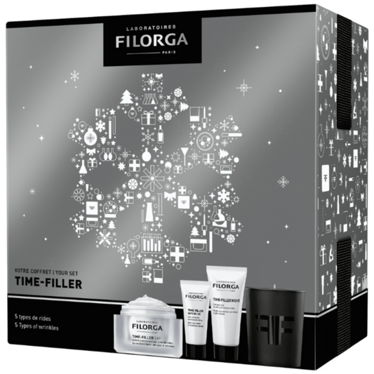 FILORGA TIME-FILLER 5XP GIFT SET gray. white. and black outer box with photos of products inside