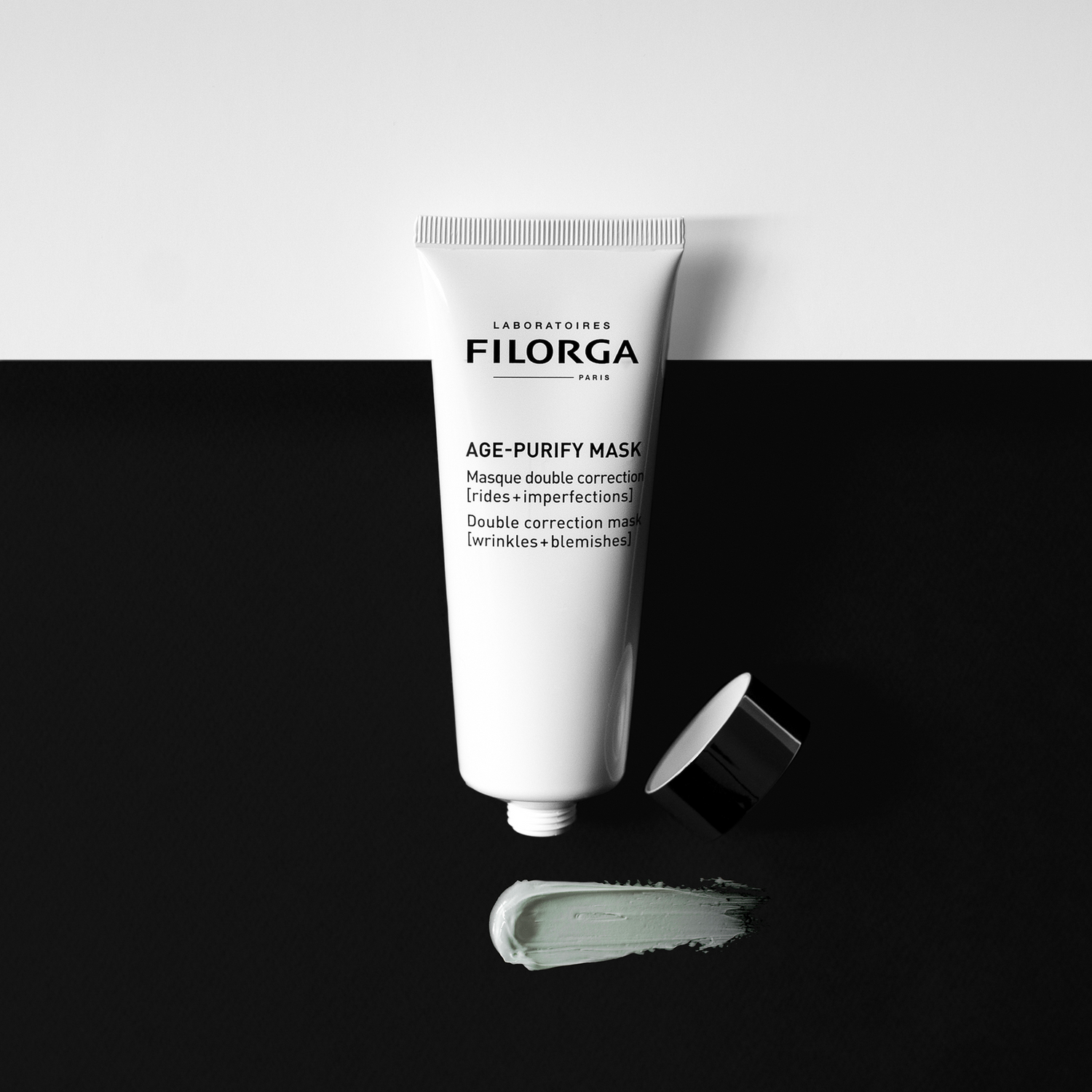 FILORGA AGE-PURIFY MASK opened tube with green cream-clay texture under it