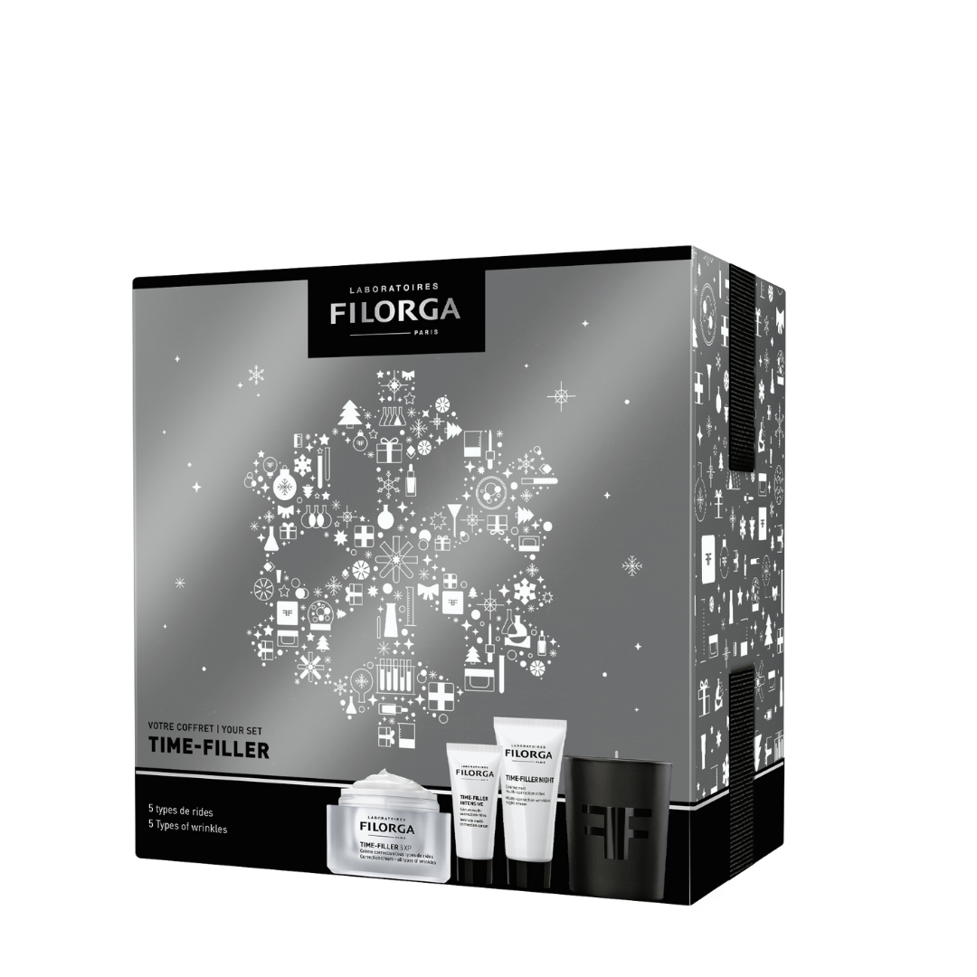 FILORGA TIME-FILLER 5-XP GIFT SET gray. white. and black outer box with photos of products inside