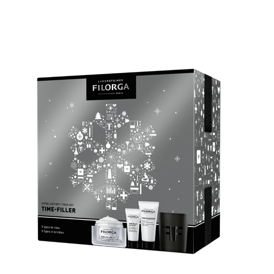 FILORGA TIME-FILLER 5-XP GIFT SET gray. white. and black outer box with photos of products inside
